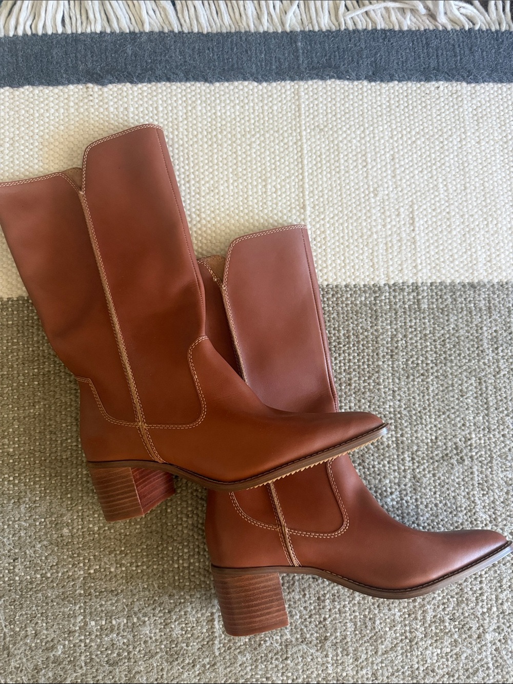 Kelsi Dagger Brown Mid-Calf Stacked Heel Leather Boots